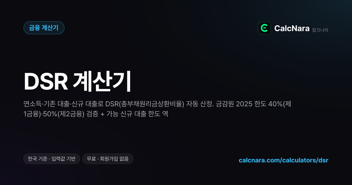 DSR 계산기 — 2025 금감원 40·50% 한도 + 신규 대출 가능 한도 역산 | CalcNara